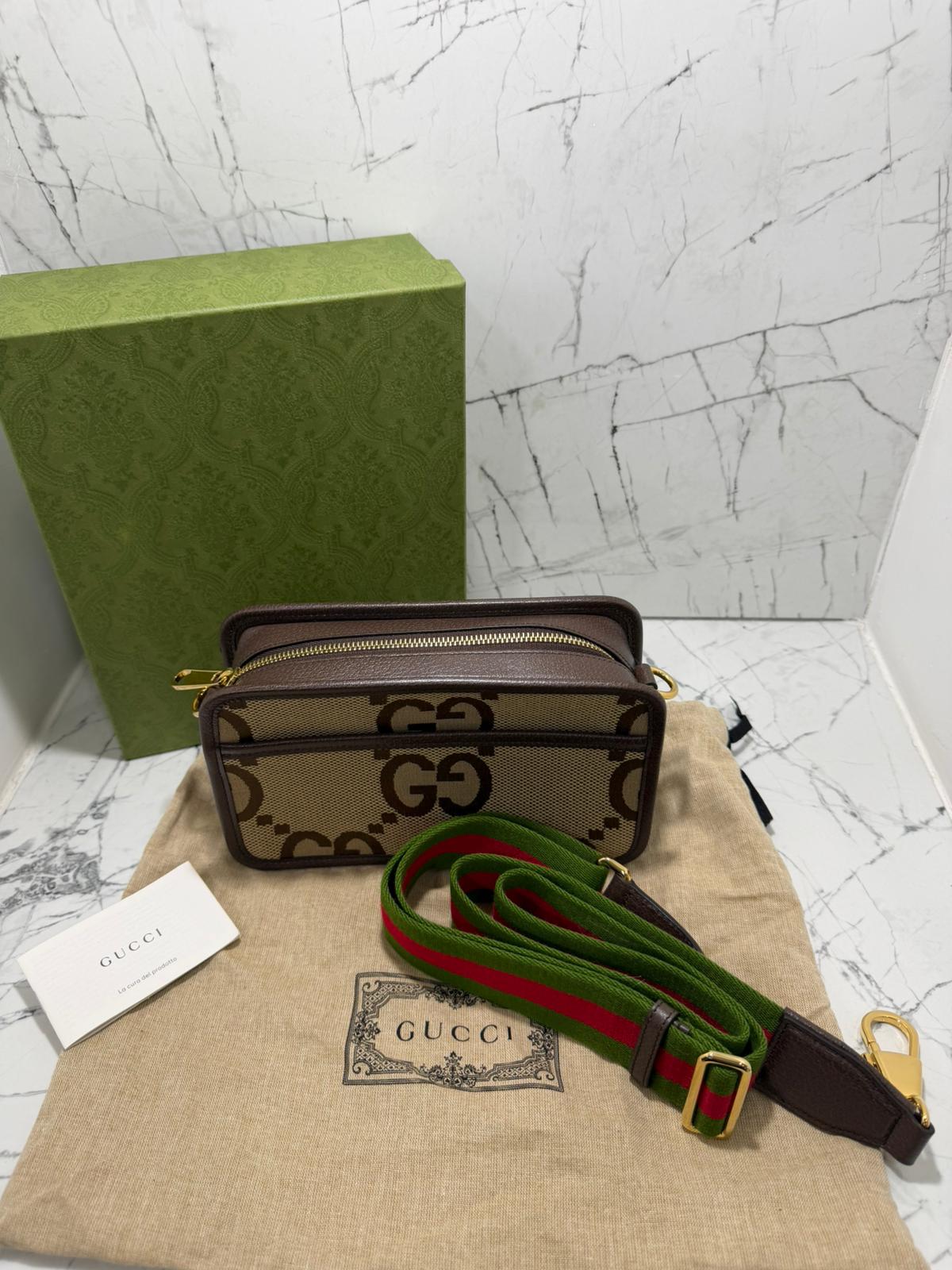 gucci Borsa unisex a spalla Jumbo GG Web Stripe Marrone Pelle