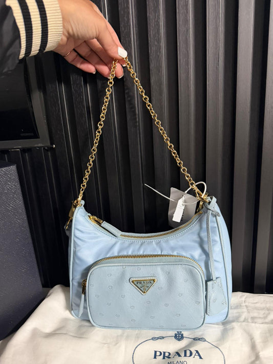 Prada shoulder bag in nylon e pelle di struzzo color petalo celeste