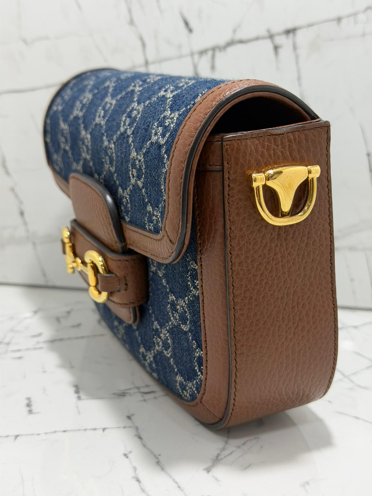 gucci horsebit 1955 borsa donna in tessuto blu denim stampa gg profili in pelle marrone