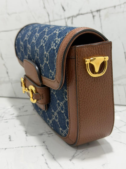 gucci horsebit 1955 borsa donna in tessuto blu denim stampa gg profili in pelle marrone