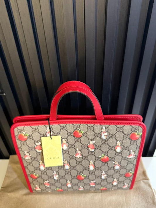 gucci X Peter Rabbit GG Supreme Monogram Rabbit Apple Childrens Tote Beige Ebony Multicolor Bright Hibiscus