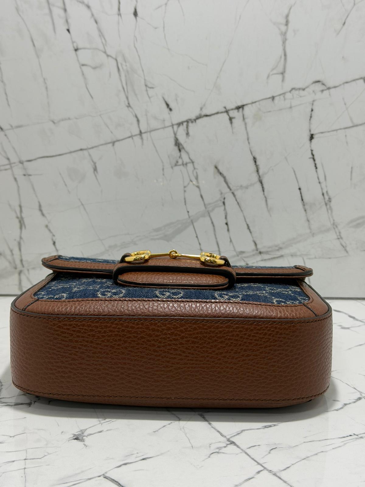 gucci horsebit 1955 borsa donna in tessuto blu denim stampa gg profili in pelle marrone