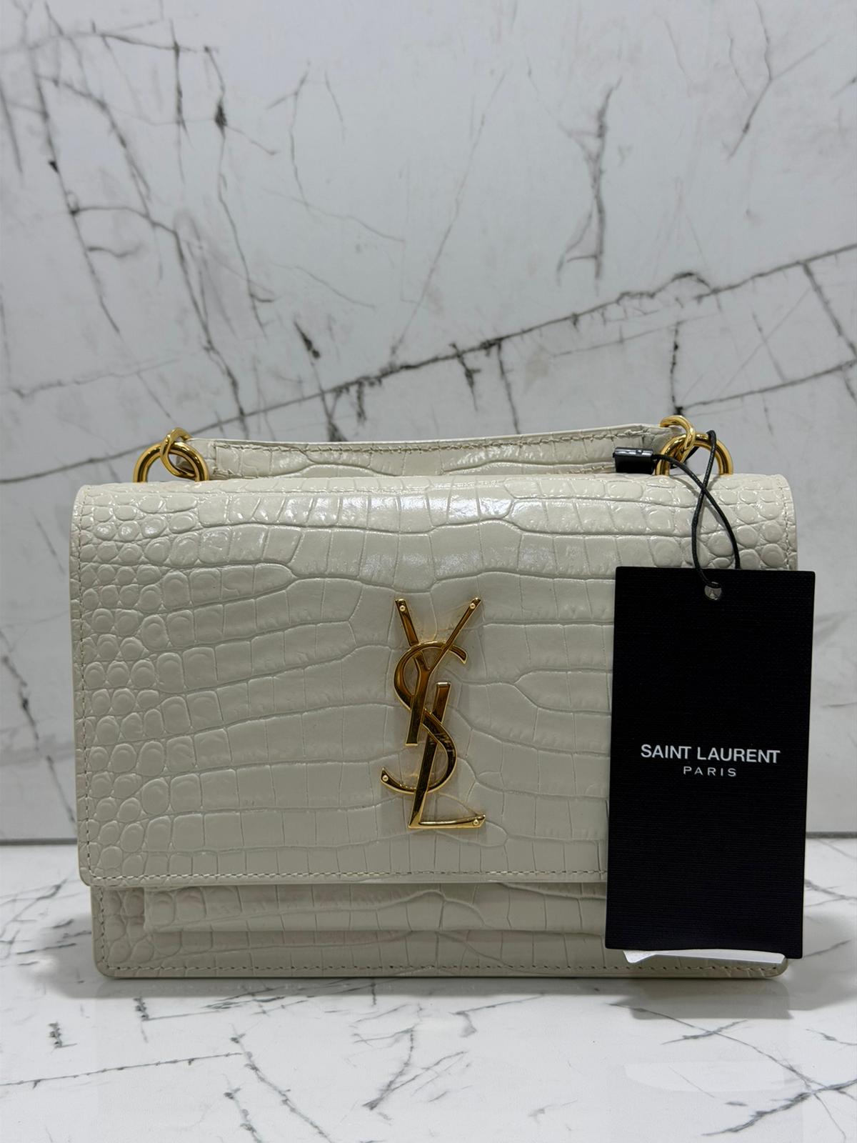 saint laurent borsa donna  Sunset Chain Wallet in crocodile-embossed shiny leather