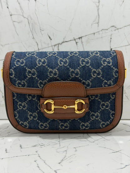 gucci horsebit 1955 borsa donna in tessuto blu denim stampa gg profili in pelle marrone