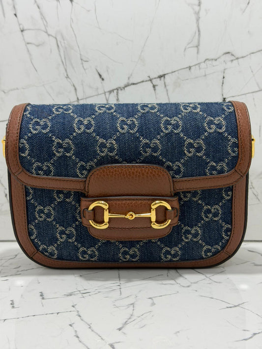 gucci horsebit 1955 borsa donna in tessuto blu denim stampa gg profili in pelle marrone