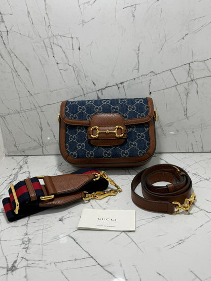 gucci horsebit 1955 borsa donna in tessuto blu denim stampa gg profili in pelle marrone