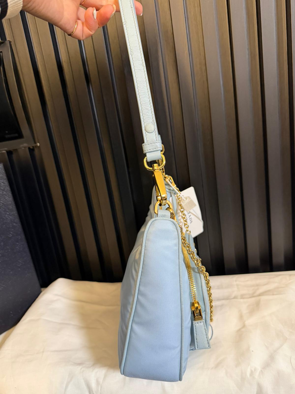 Prada shoulder bag in nylon e pelle di struzzo color petalo celeste