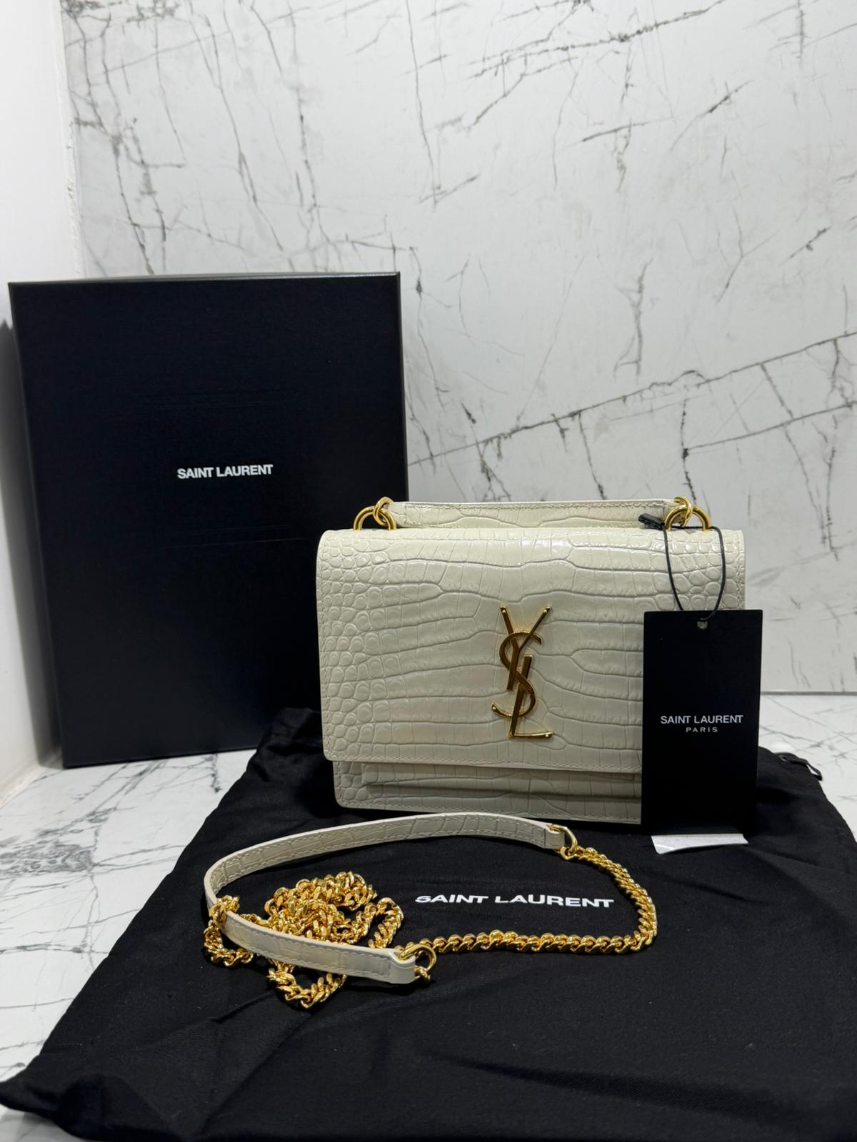 saint laurent borsa donna  Sunset Chain Wallet in crocodile-embossed shiny leather