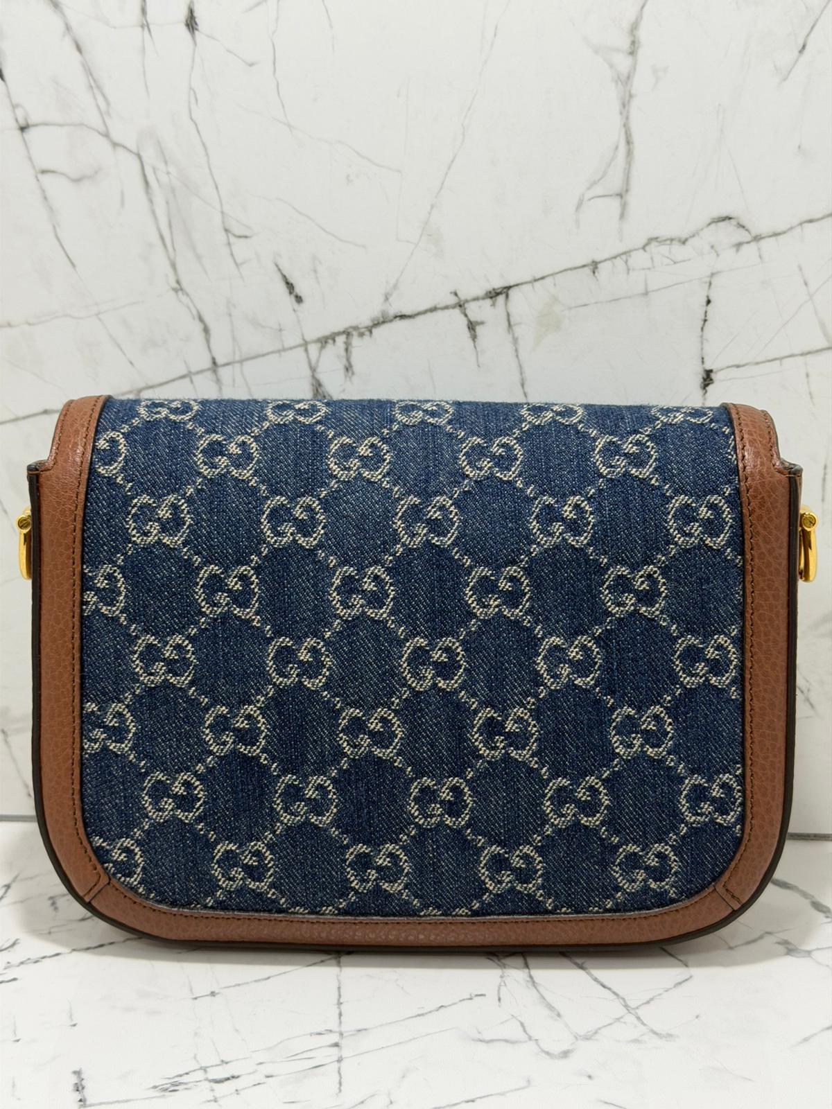 gucci horsebit 1955 borsa donna in tessuto blu denim stampa gg profili in pelle marrone