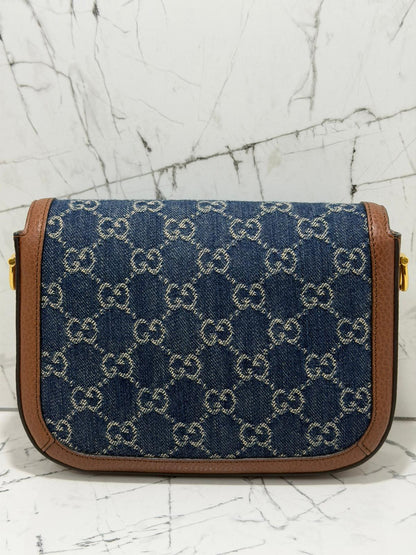 gucci horsebit 1955 borsa donna in tessuto blu denim stampa gg profili in pelle marrone