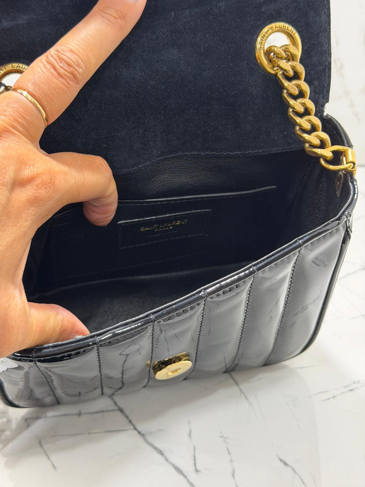 saint laurent borsa donna Patent Calfskin Matelasse Monogram Small Vicky Chain Bag Black