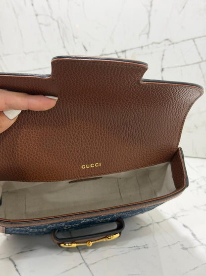 gucci horsebit 1955 borsa donna in tessuto blu denim stampa gg profili in pelle marrone