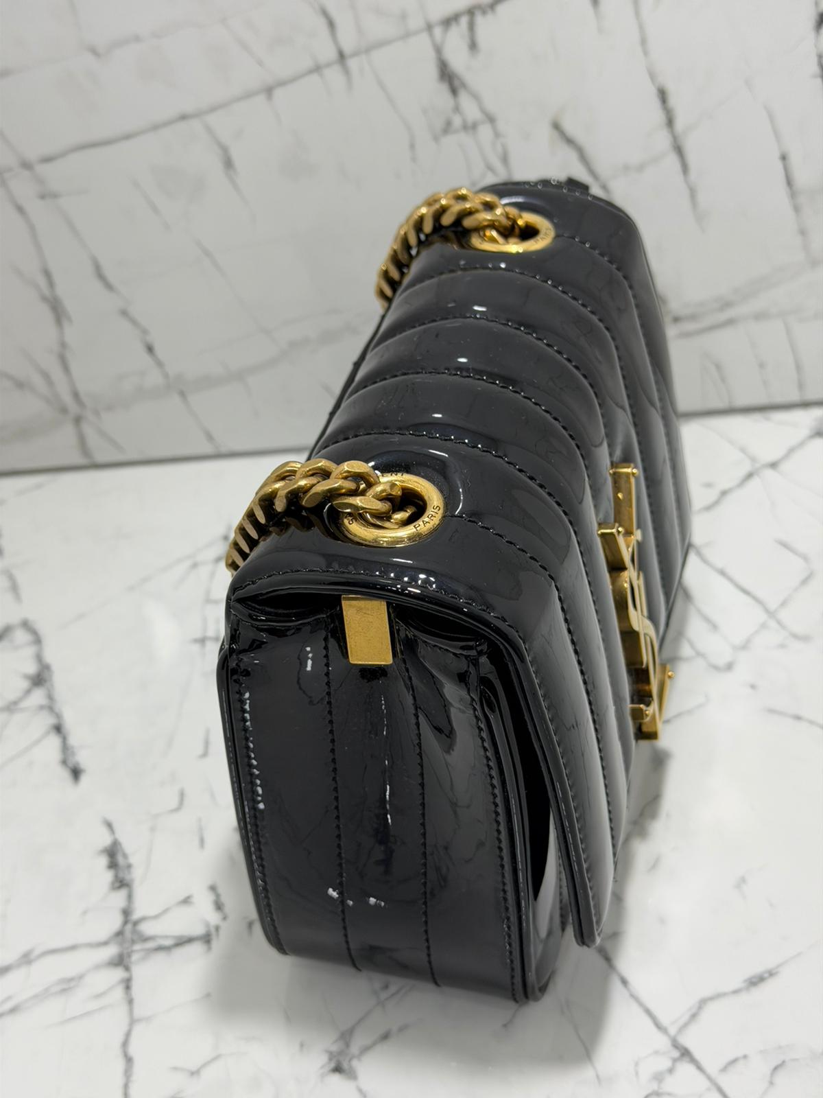 saint laurent borsa donna Patent Calfskin Matelasse Monogram Small Vicky Chain Bag Black