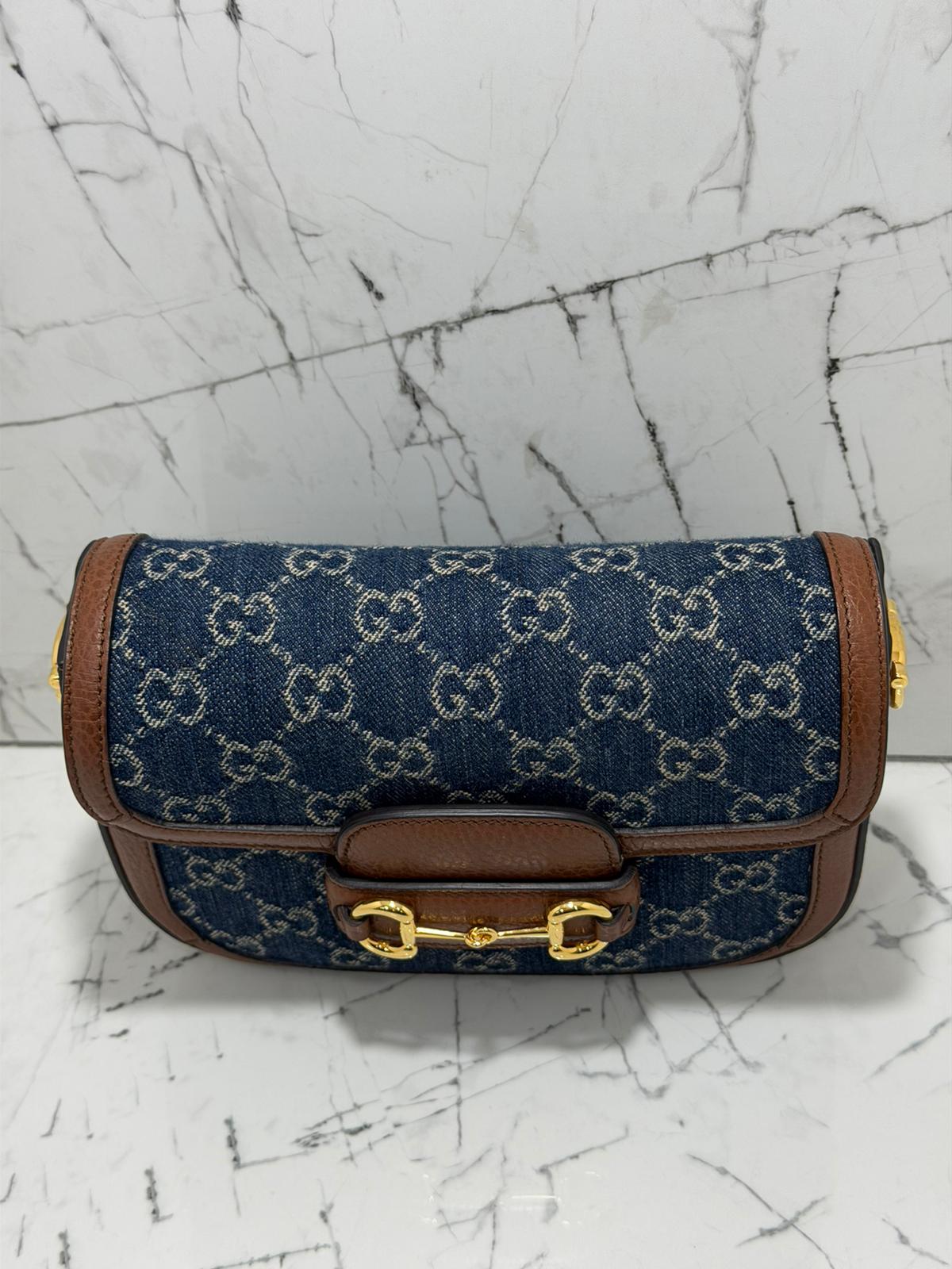 gucci horsebit 1955 borsa donna in tessuto blu denim stampa gg profili in pelle marrone