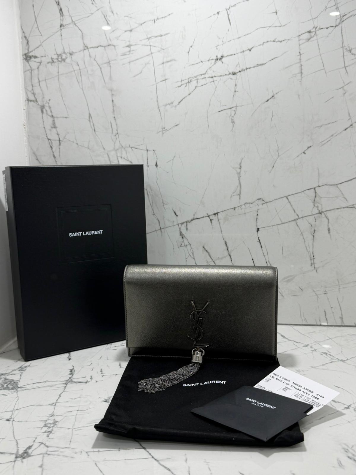 saint laurent Kate tassel chain wallet grigio