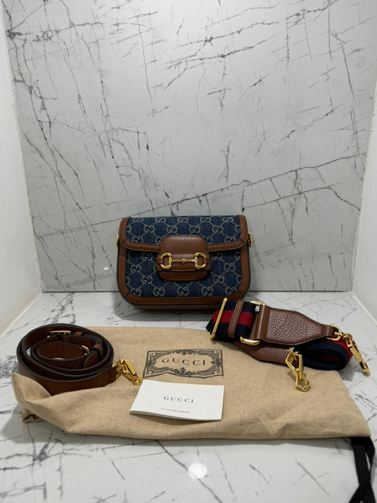 gucci horsebit 1955 borsa donna in tessuto blu denim stampa gg profili in pelle marrone
