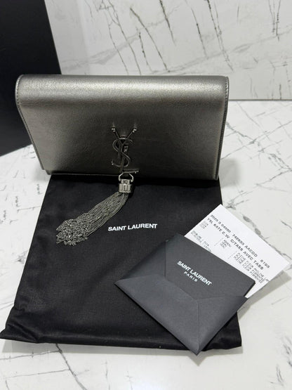 saint laurent Kate tassel chain wallet grigio