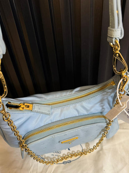 Prada shoulder bag in nylon e pelle di struzzo color petalo celeste