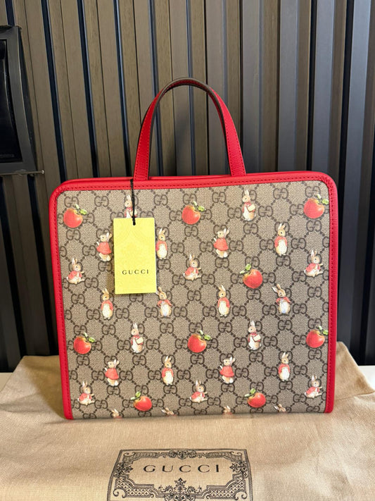 gucci X Peter Rabbit GG Supreme Monogram Rabbit Apple Childrens Tote Beige Ebony Multicolor Bright Hibiscus