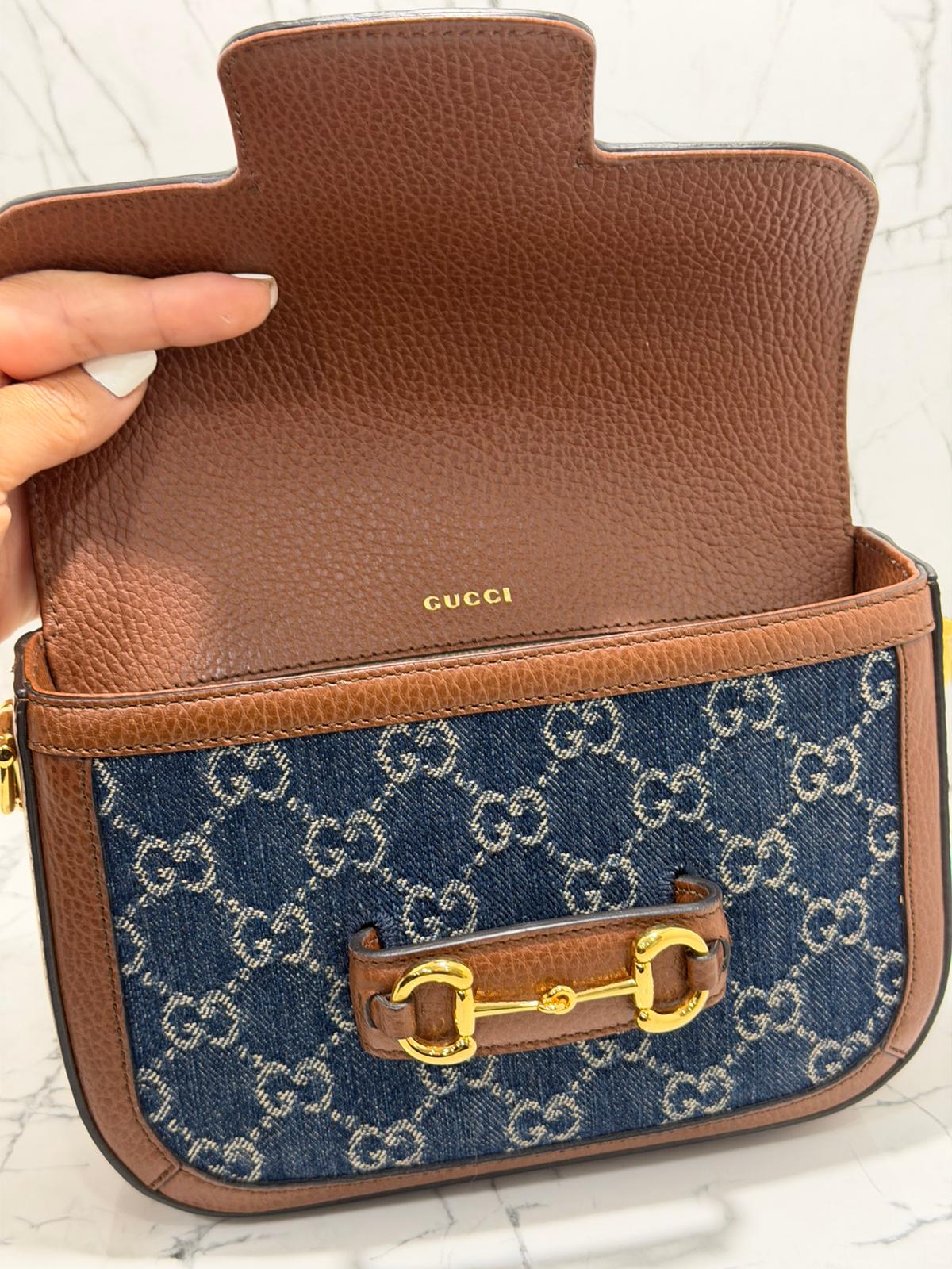 gucci horsebit 1955 borsa donna in tessuto blu denim stampa gg profili in pelle marrone