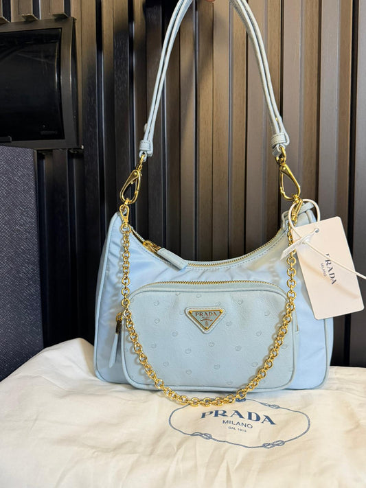 Prada shoulder bag in nylon e pelle di struzzo color petalo celeste