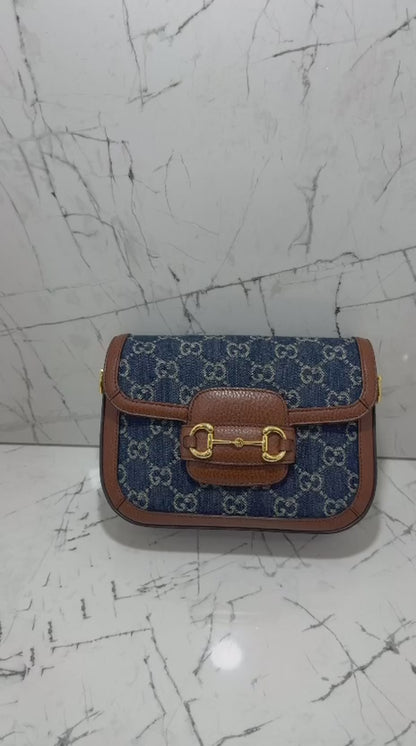 gucci horsebit 1955 borsa donna in tessuto blu denim stampa gg profili in pelle marrone